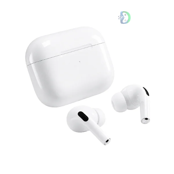 Wireless AirPods Pro with active noise cancellation and ergonomic white design.