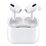 Apple AirPods Pro in a white charging case with silicone ear tips, featuring a compact premium design and active noise cancellation for immersive audio.