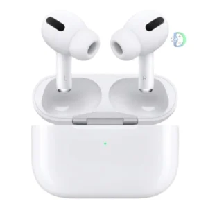 Apple AirPods Pro in a white charging case with silicone ear tips, featuring a compact premium design and active noise cancellation for immersive audio.