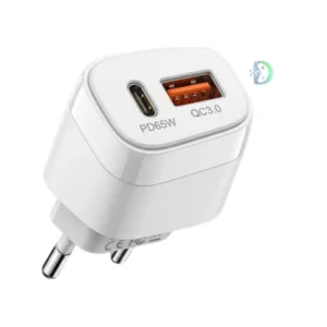 Aspor 65W GAN Charger - A851 with dual USB ports, compact fast-charging wall adapter, supporting QC 3.0 and PD technology for smartphones, tablets, and laptops.