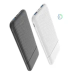 Aspor Power Bank 10000 mah A323 in black color featuring a compact portable design, dual USB output ports, LED battery status indicator, and durable impact-resistant body for charging smartphones and tablets on the go.