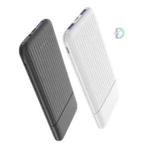Aspor Power Bank 10000 mah A323 in black color featuring a compact portable design, dual USB output ports, LED battery status indicator, and durable impact-resistant body for charging smartphones and tablets on the go.