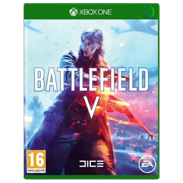 Battlefield V Xbox One gameplay cover art showing World War II soldiers in intense combat with explosions, smoke, and dramatic lighting.