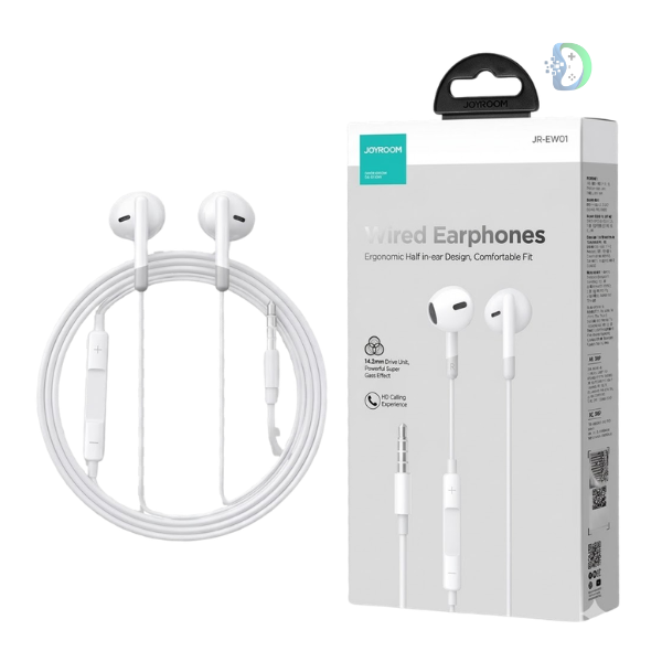 JoyRoom 3.5mm Half In-Ear Earphones - EW01 in white color, featuring a wired design with a 1.2m cable, 3.5mm metal audio jack, and in-line controls with microphone for calls and music control.