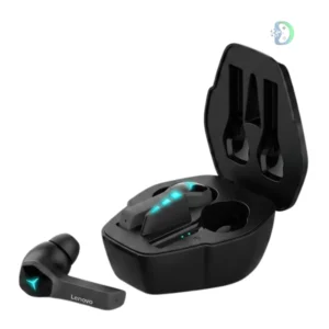 Lenovo True Wireless Gaming Earbuds HQ08 with compact charging case, black color, LED indicator, and ergonomic in-ear design for gaming and music use.
