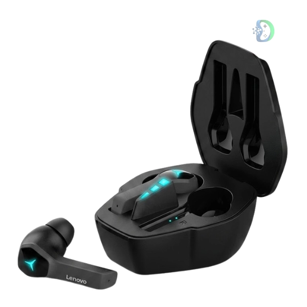 Lenovo True Wireless Gaming Earbuds HQ08 with compact charging case, black color, LED indicator, and ergonomic in-ear design for gaming and music use.
