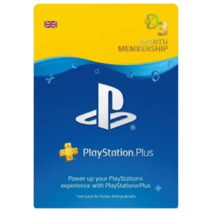 PS Plus UK 3 MonthsMembership digital subscription card for PlayStation online gaming, monthly games, and exclusive member benefits.