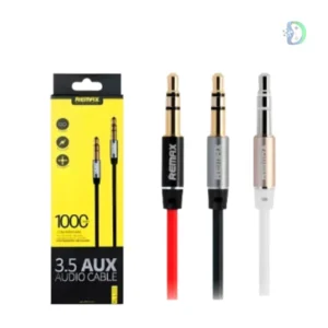 Remax 3.5 Aux Cable - RL-L100 with male-to-male connectors, durable black cable design, compatible with smartphones, tablets, laptops, car stereos, speakers, MP3 players, and other 3.5mm audio devices.