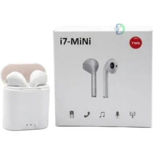 TWS i7 Mini Earbuds wireless Bluetooth earphones with charging case, compact design, in-ear fit, and LED indicator for battery status