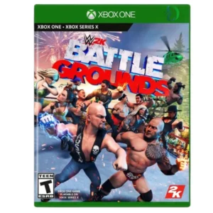 WWE 2K Battlegrounds Xbox One game cover featuring famous WWE superstars in an action-packed arcade wrestling arena with explosive combat and colorful graphics.