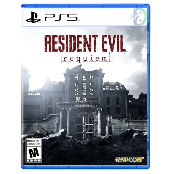 Resident Evil Requiem PS5 cover art showing a dark, abandoned Raccoon City environment with protagonist Grace Ashcroft holding a flashlight while facing terrifying zombies.